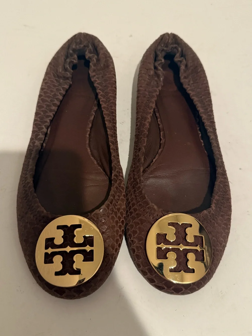Tory Burch Reva Chestnut Brown Textured Snakeskin-print Leather Ballet Flats 6.5